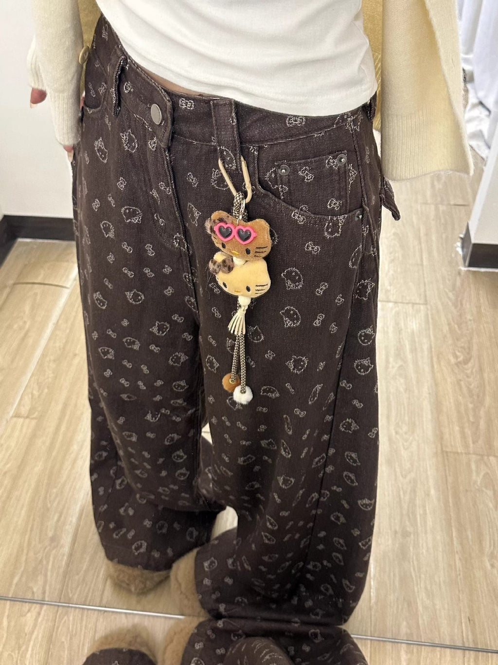 Brown Hello Kitty Print Wide Leg Denim Jeans High Waist Loose Trousers