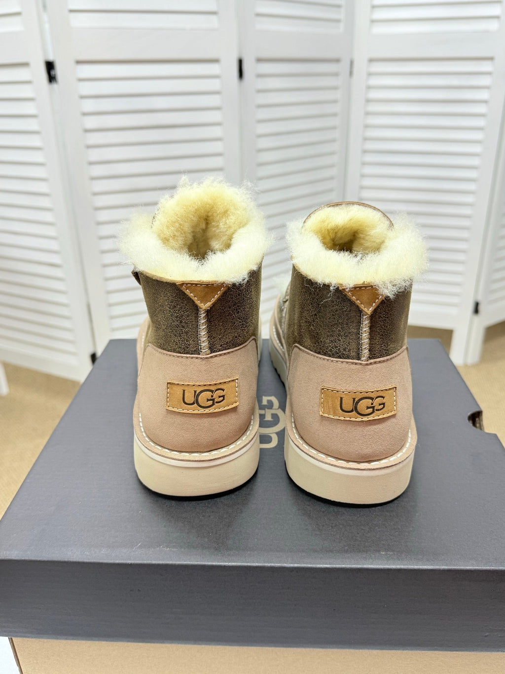 UGG Taupe Shearling-Collar Leather Boots
