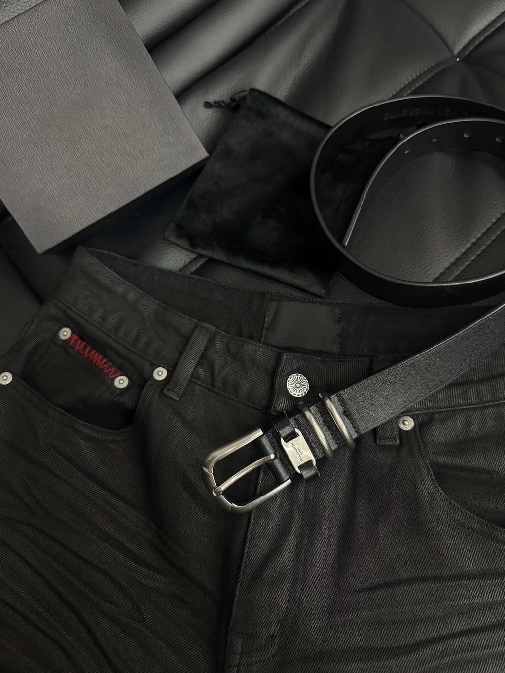 Dual Ring Tag Leather Belt Vegetable Tanned Black Waist Belt