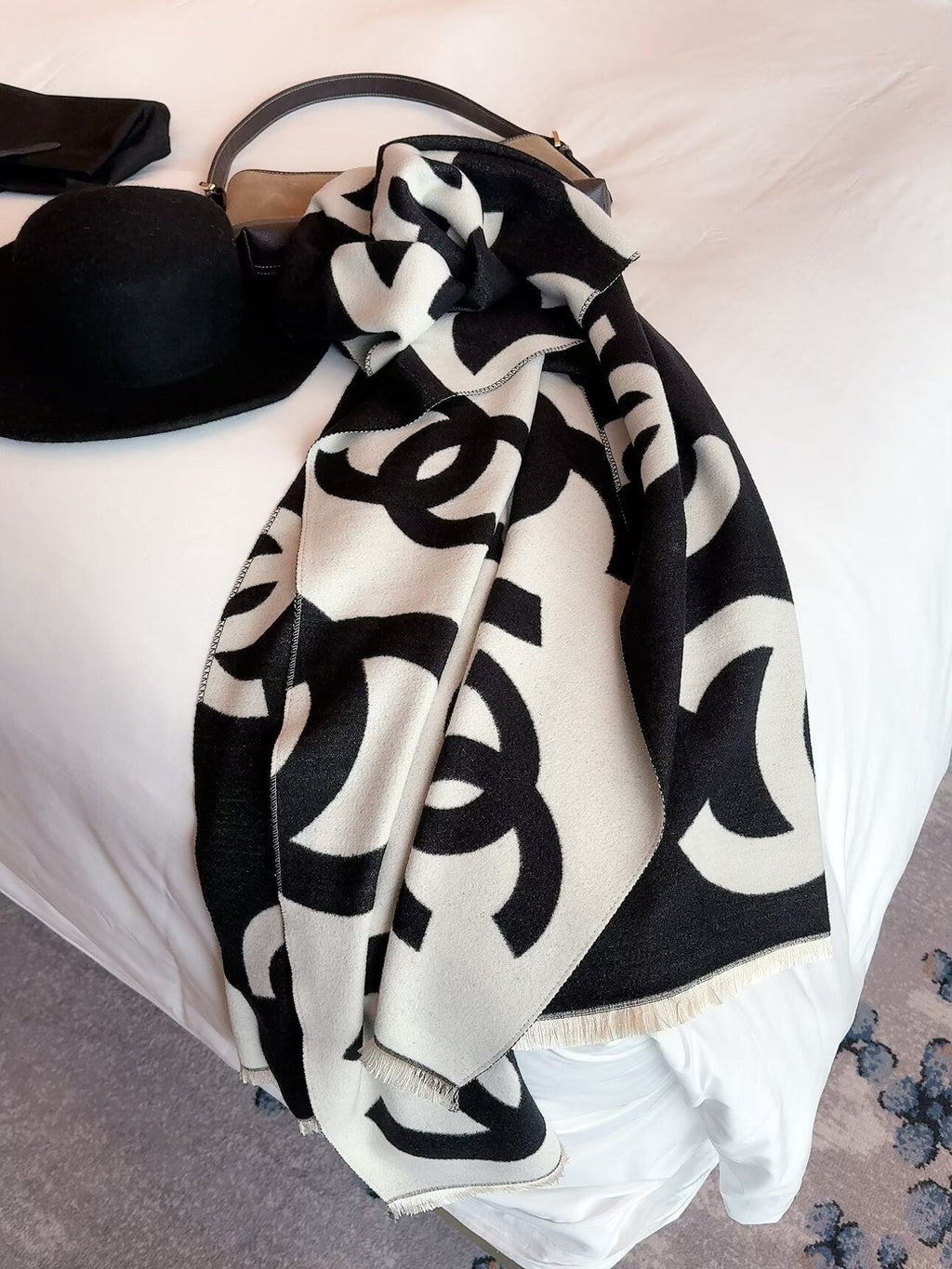 Chanel Style Oversized Logo Knit Scarf