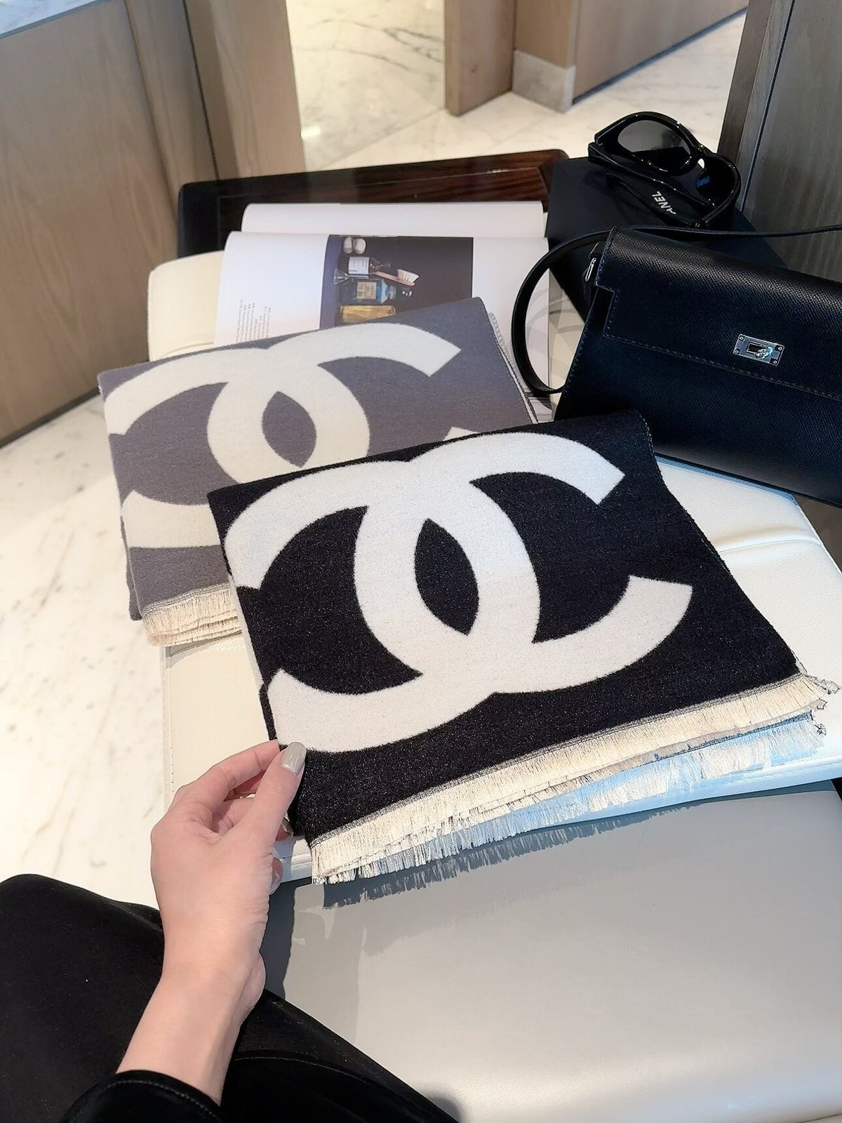 Chanel Style Oversized Logo Knit Scarf