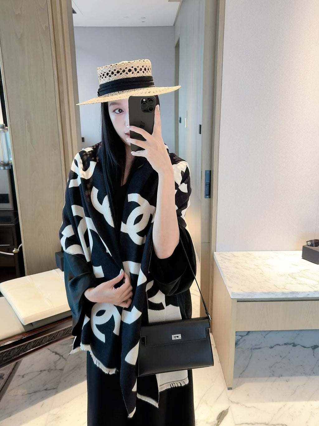 Chanel Style Oversized Logo Knit Scarf