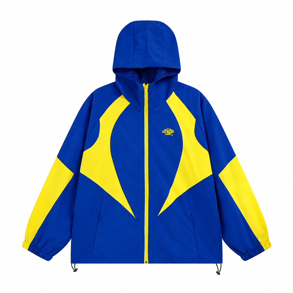 Syna world Blue Yellow Color Block Hooded Windbreaker Jacket