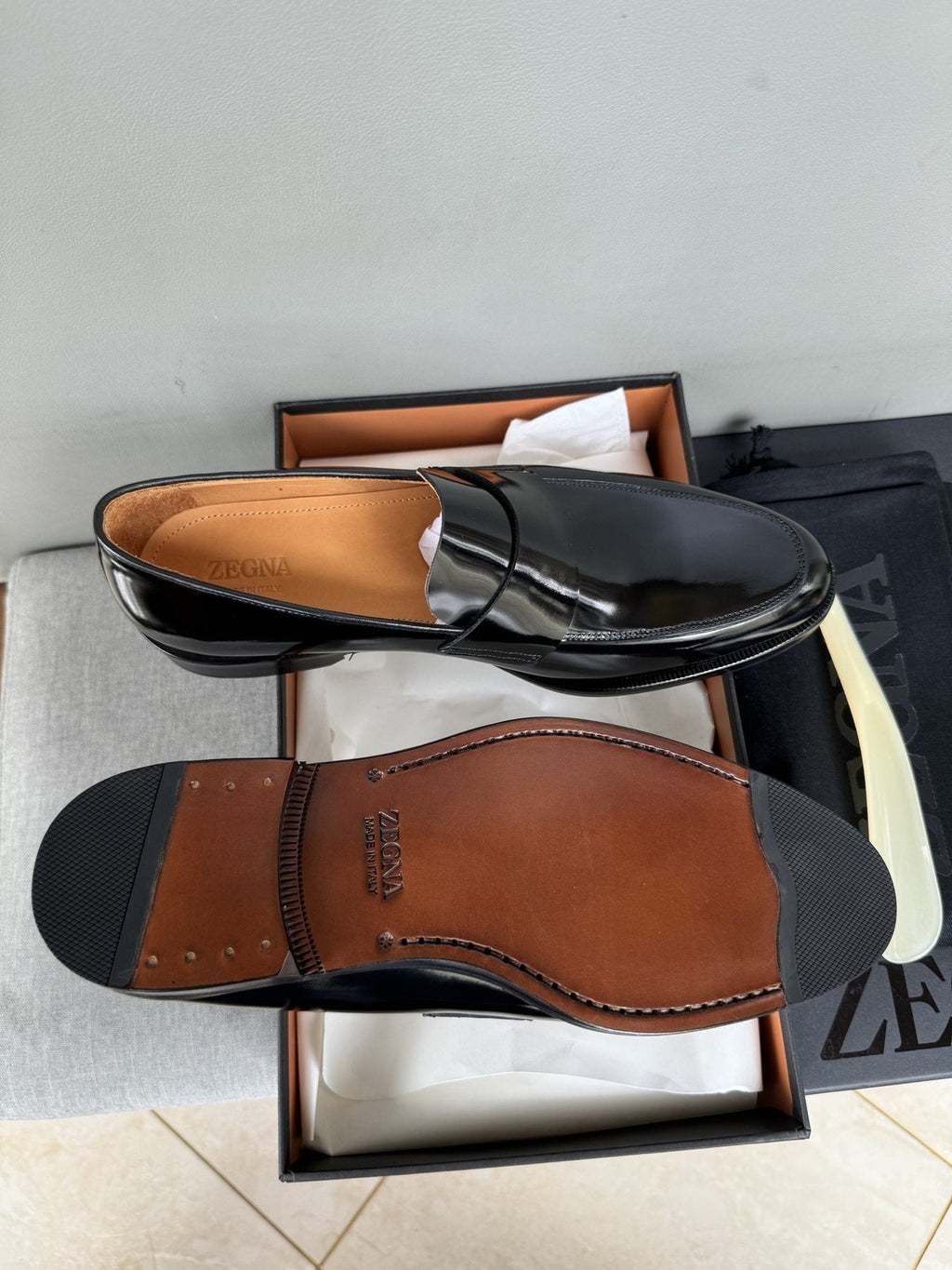 Zegna Men's Glossy Black Leather Loafers