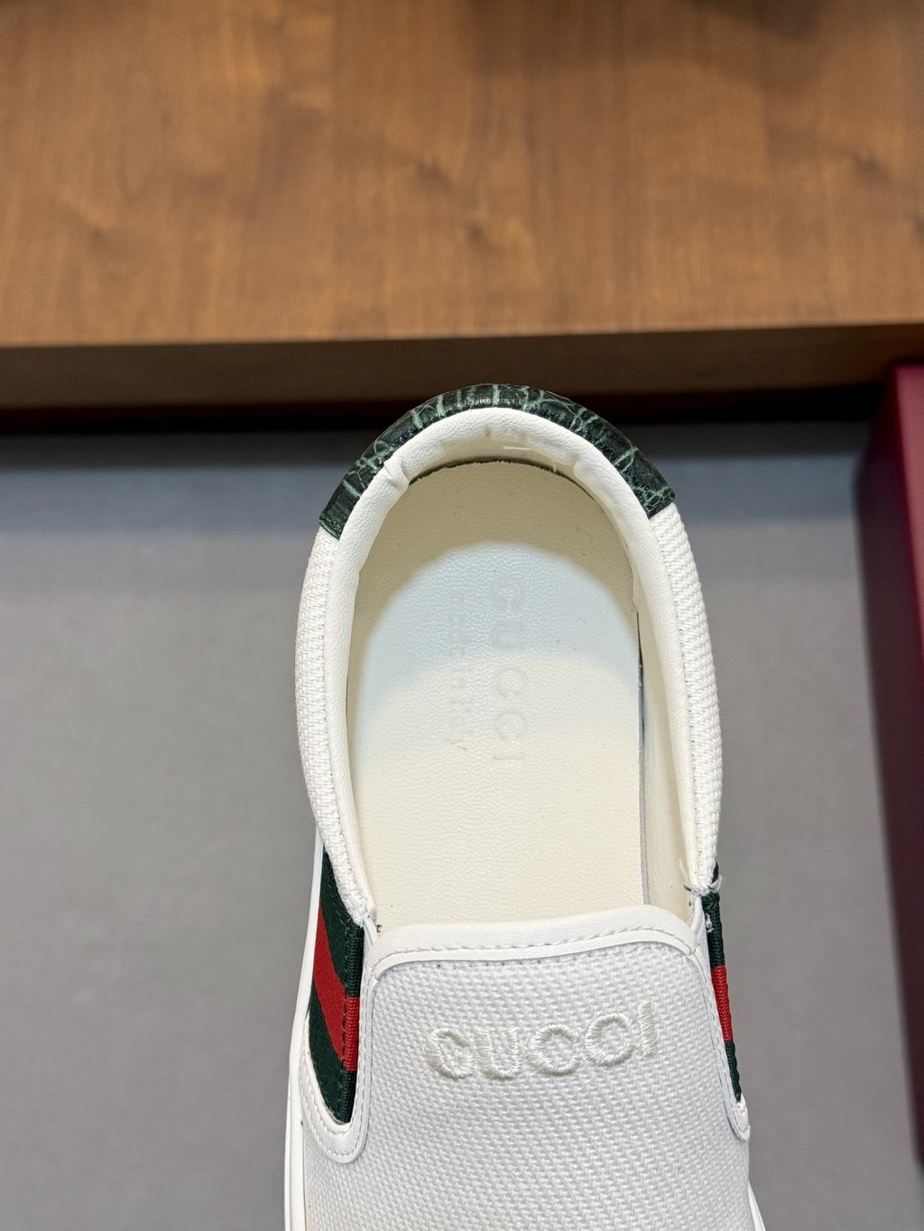 Gucci White Stripe Slip-On Sneakers