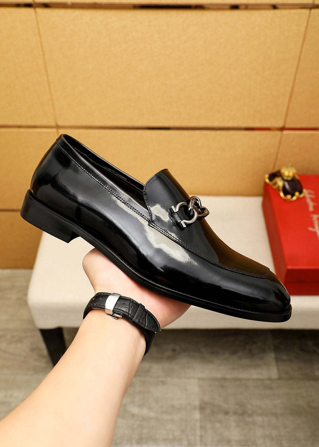 Ferragamo Black Patent Bit Loafers