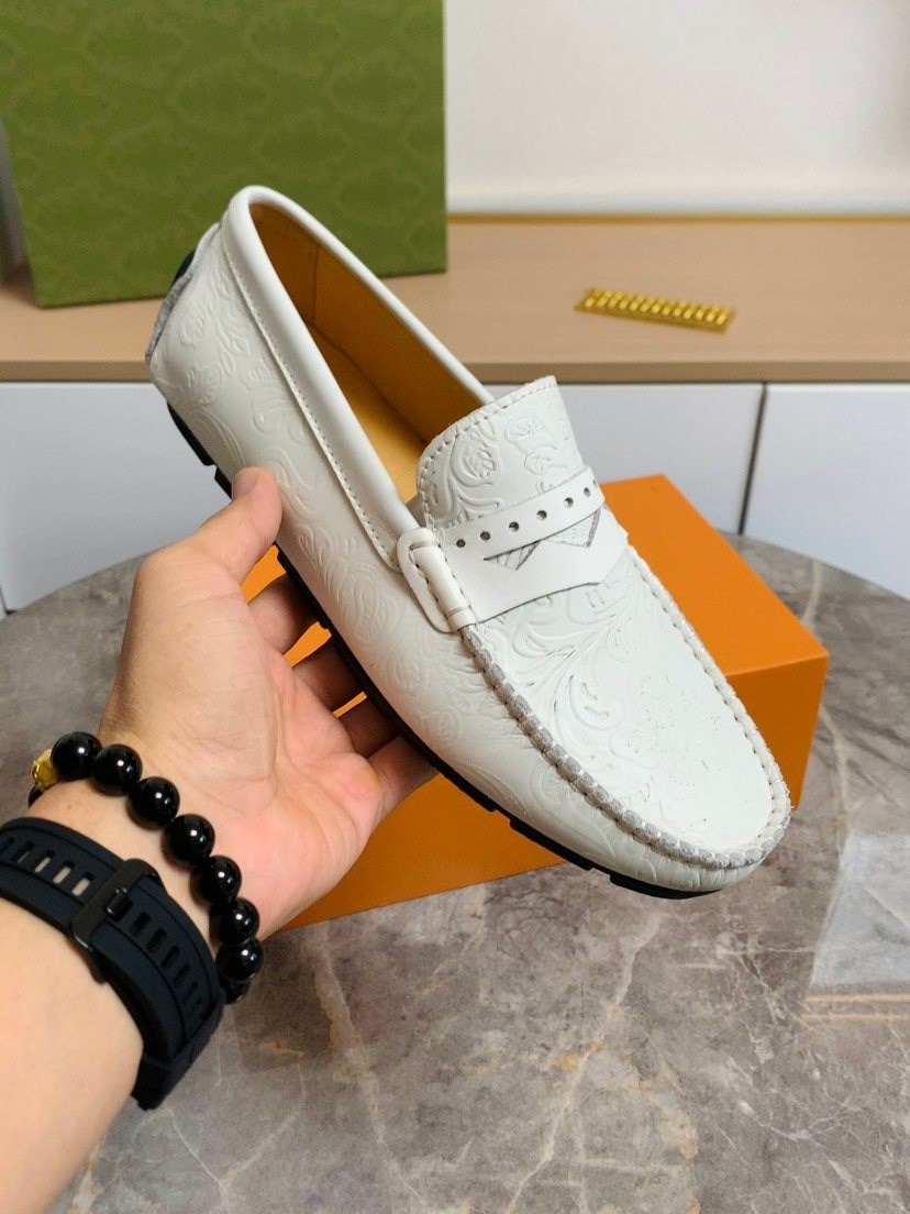 Louis Vuitton Men's White Leather Moc-Toe Loafers