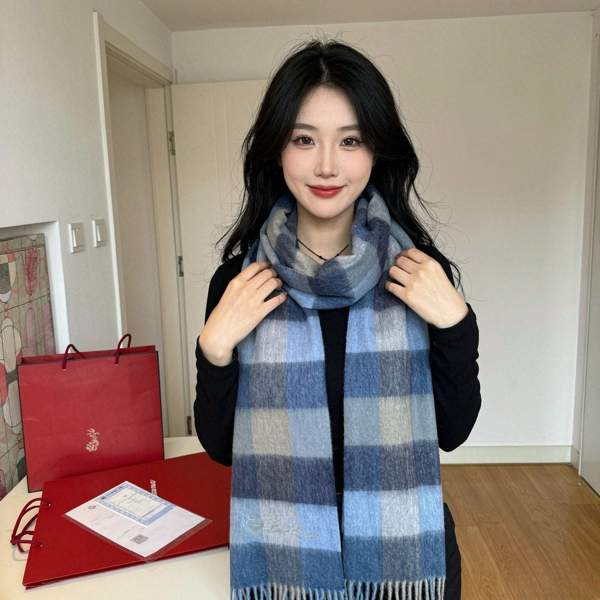 Loro Piana Pink Tan Lavender Plaid Scarf