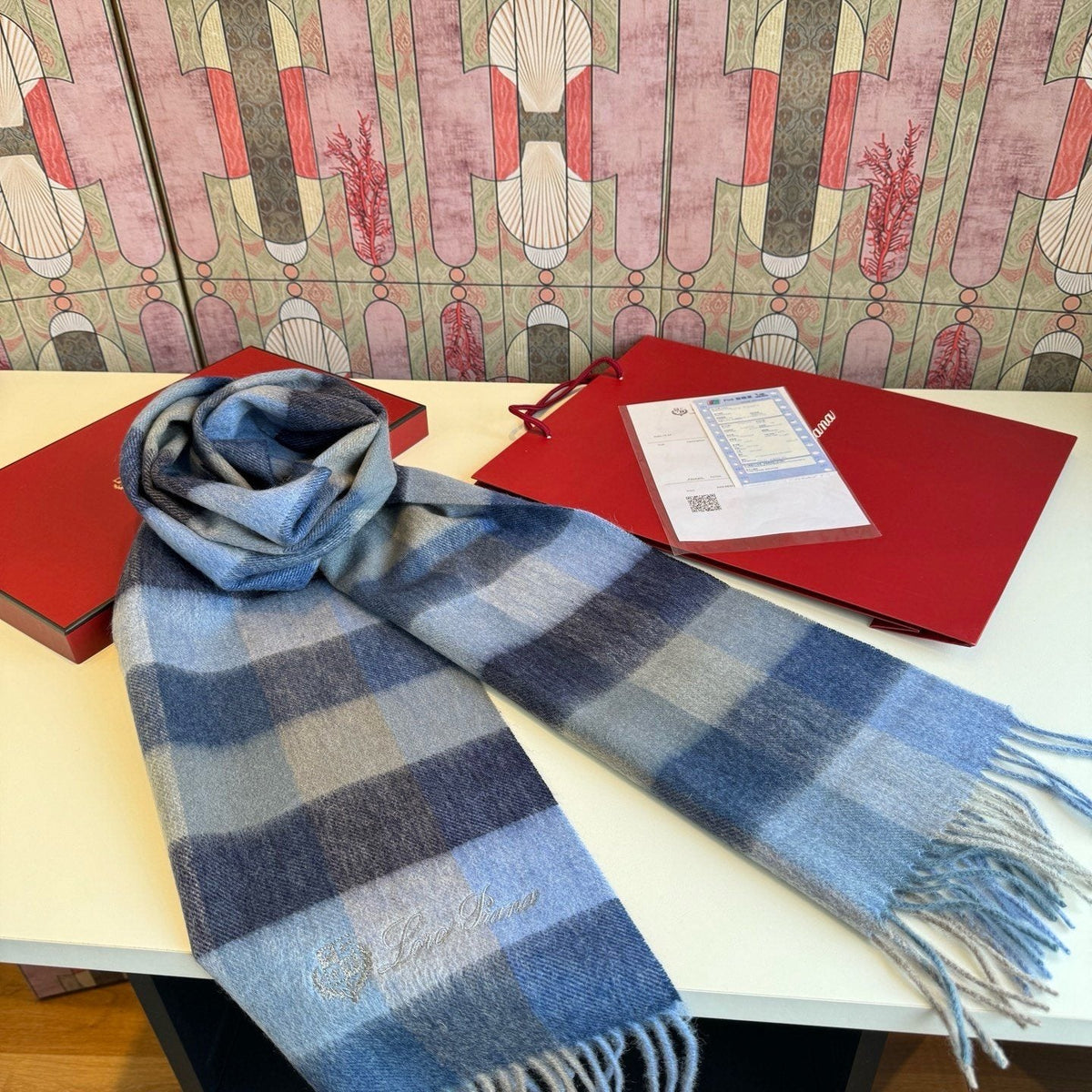 Loro Piana Pink Tan Lavender Plaid Scarf
