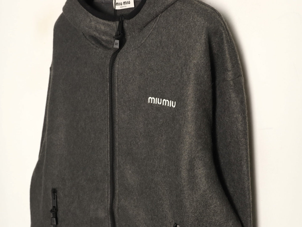 Miu Miu Logo-Embroidered Trim Fleece Hooded Jacket - Charcoal
